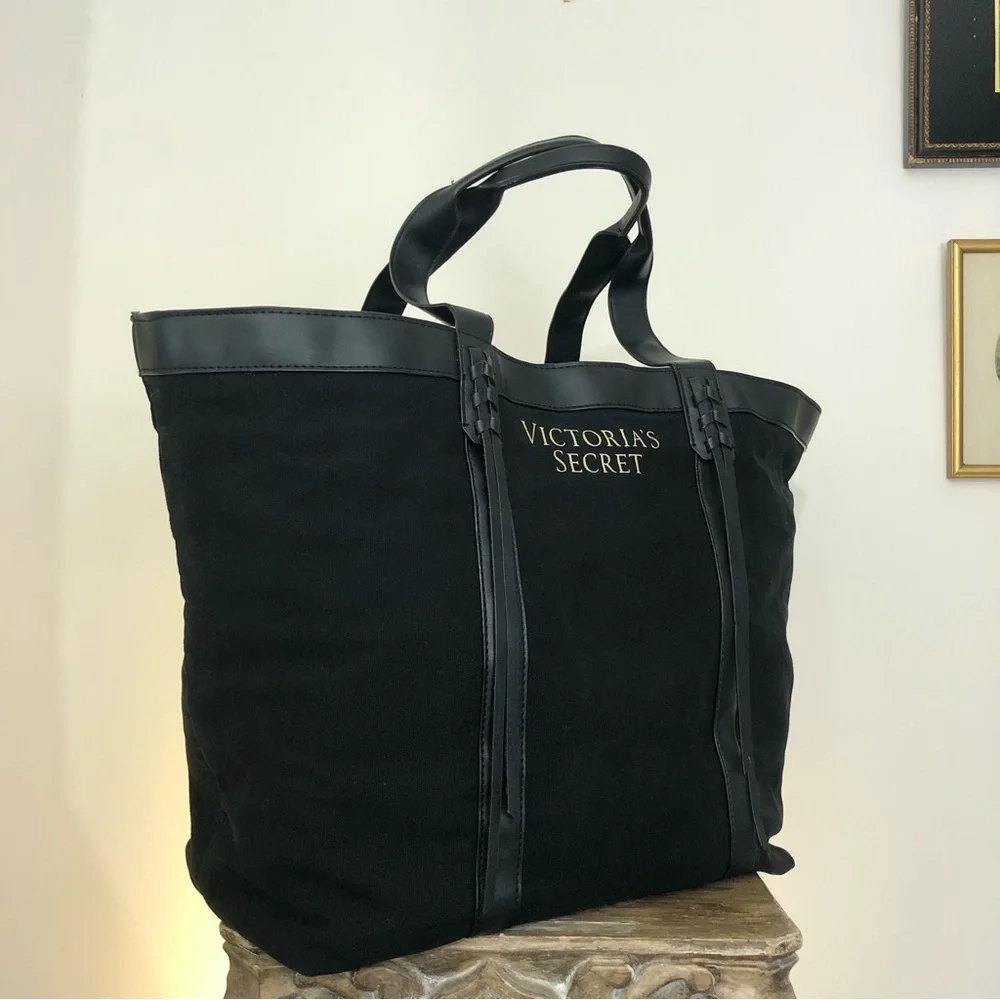 Extra Large Victoria’s Secret Black VS Tote Bag Shoulder Gold Faux Leather - Picture 4 of 11